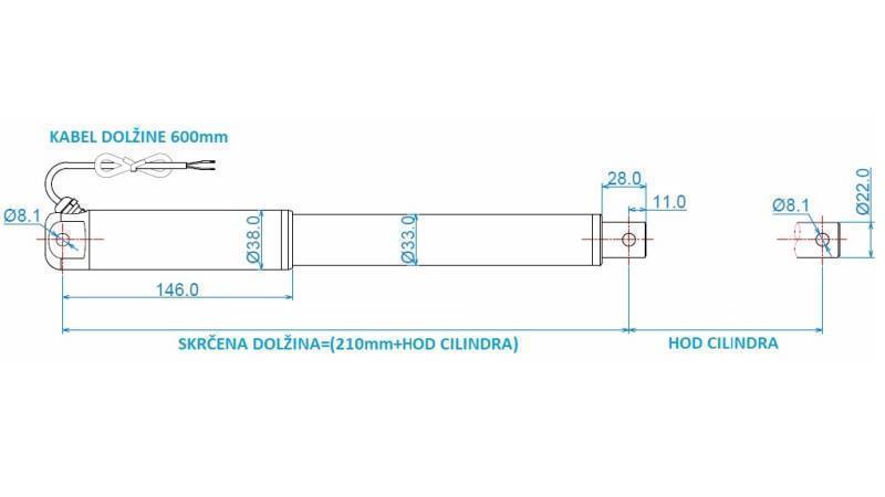 ELEKTRISCHER ZYLINDER 12V 100kg-9mm/s HUB 200mm - Abmessungen