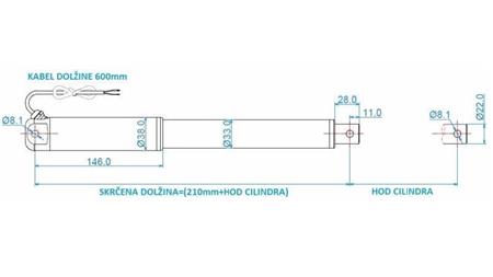 ELEKTRISK SYLINDER 12V 100kg-9mm/sec SLAG 400mm - dimensjoner