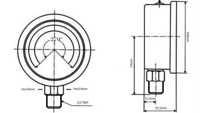 MANOMETER DN100 VERTIKAL 0 - 20 BAR - 1/2-dimensioner