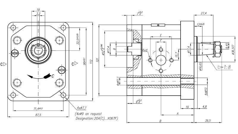 HYDRAULIC PUMP 20A19X067 FRONT GR.2 19 CC LEFT-dimensions